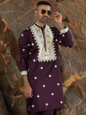 Cotton silk embroidered yoke design wine kurta with trouser pant 4