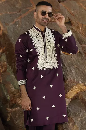 Cotton silk embroidered yoke design wine kurta with trouser pant