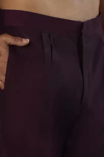 Cotton silk embroidered yoke design wine kurta with trouser pant