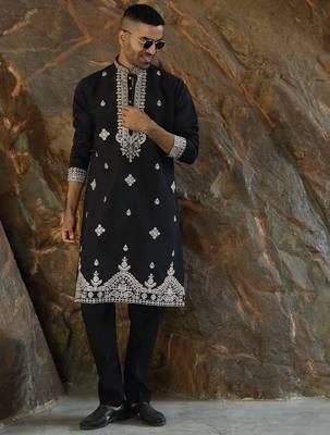 Cotton silk embroidered yoke design black kurta with trouser pant 1