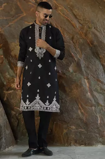 Cotton silk embroidered yoke design black kurta with trouser pant