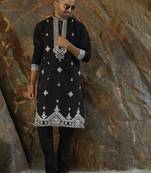 Cotton silk embroidered yoke design black kurta with trouser pant