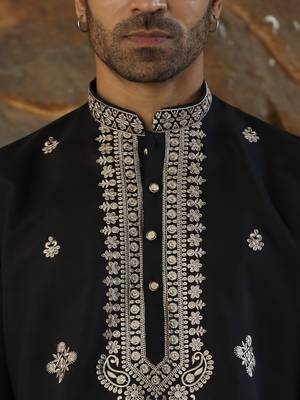 Cotton silk embroidered yoke design black kurta with trouser pant 2
