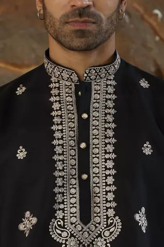 Cotton silk embroidered yoke design black kurta with trouser pant