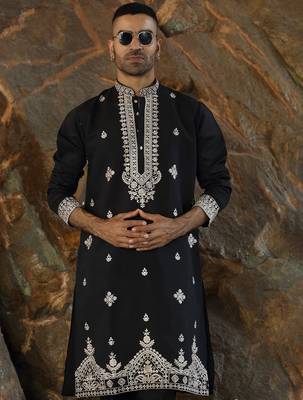 Cotton silk embroidered yoke design black kurta with trouser pant 4