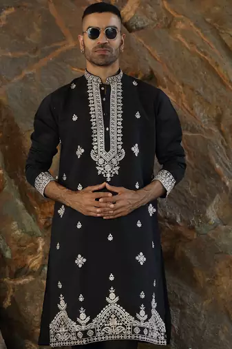 Cotton silk embroidered yoke design black kurta with trouser pant