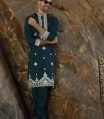 Cotton silk embroidered yoke design green kurta with trouser pant