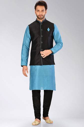 Black dupon art silk kurta, jacket with matching churidar