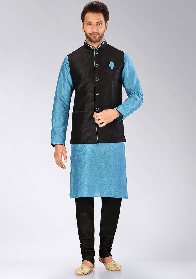 Black dupon art silk kurta, jacket with matching churidar
