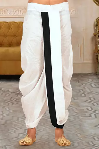 White dupon art silk kurta, jacket with matching dhoti and churidar