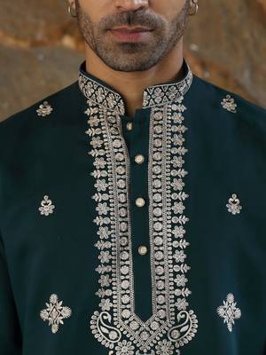 Cotton silk embroidered yoke design green kurta with trouser pant 2