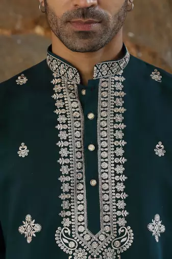 Cotton silk embroidered yoke design green kurta with trouser pant