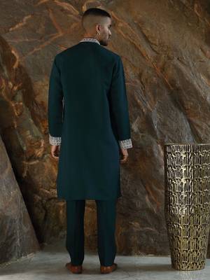 Cotton silk embroidered yoke design green kurta with trouser pant 3