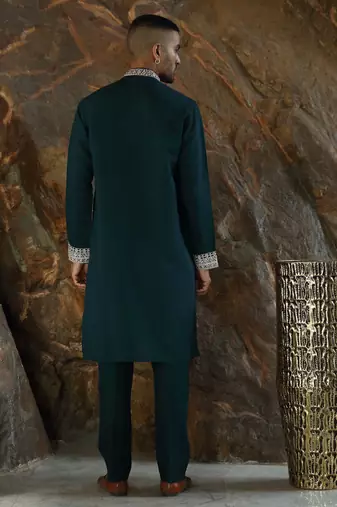 Cotton silk embroidered yoke design green kurta with trouser pant