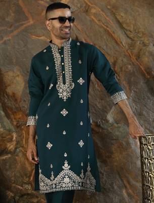 Cotton silk embroidered yoke design green kurta with trouser pant 4
