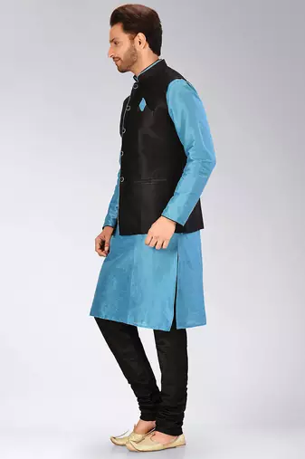 Black dupon art silk kurta, jacket with matching churidar