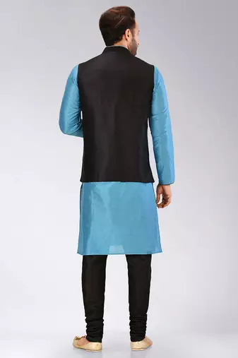 Black dupon art silk kurta, jacket with matching churidar