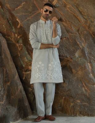 Cotton silk embroidered yoke design grey kurta with trouser pant 1