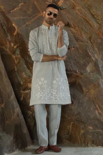 Cotton silk embroidered yoke design grey kurta with trouser pant