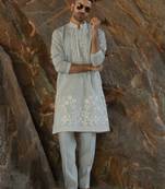 Cotton silk embroidered yoke design grey kurta with trouser pant