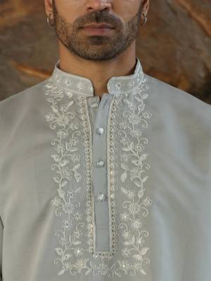 Cotton silk embroidered yoke design grey kurta with trouser pant 2