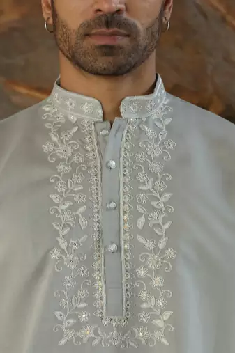 Cotton silk embroidered yoke design grey kurta with trouser pant