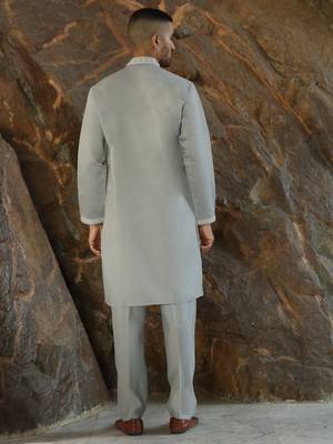 Cotton silk embroidered yoke design grey kurta with trouser pant 3