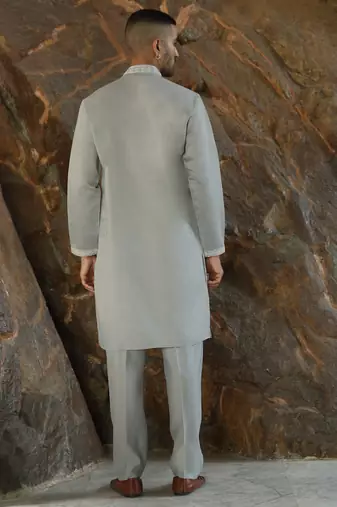 Cotton silk embroidered yoke design grey kurta with trouser pant