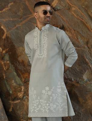 Cotton silk embroidered yoke design grey kurta with trouser pant 4