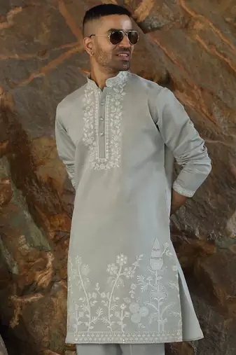 Cotton silk embroidered yoke design grey kurta with trouser pant