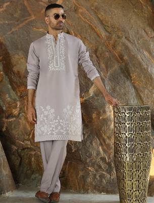 Cotton silk embroidered yoke design mauve kurta with trouser pant 1
