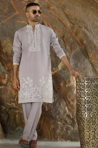Cotton silk embroidered yoke design mauve kurta with trouser pant