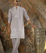 Cotton silk embroidered yoke design mauve kurta with trouser pant