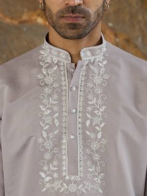 Cotton silk embroidered yoke design mauve kurta with trouser pant 2