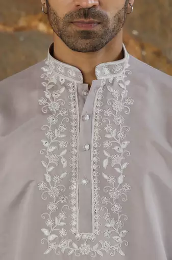Cotton silk embroidered yoke design mauve kurta with trouser pant