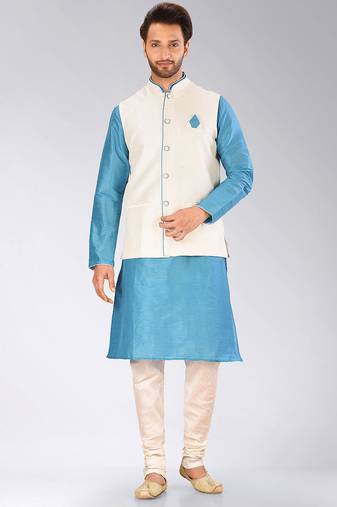 Cream dupon art silk kurta, jacket with matching churidar