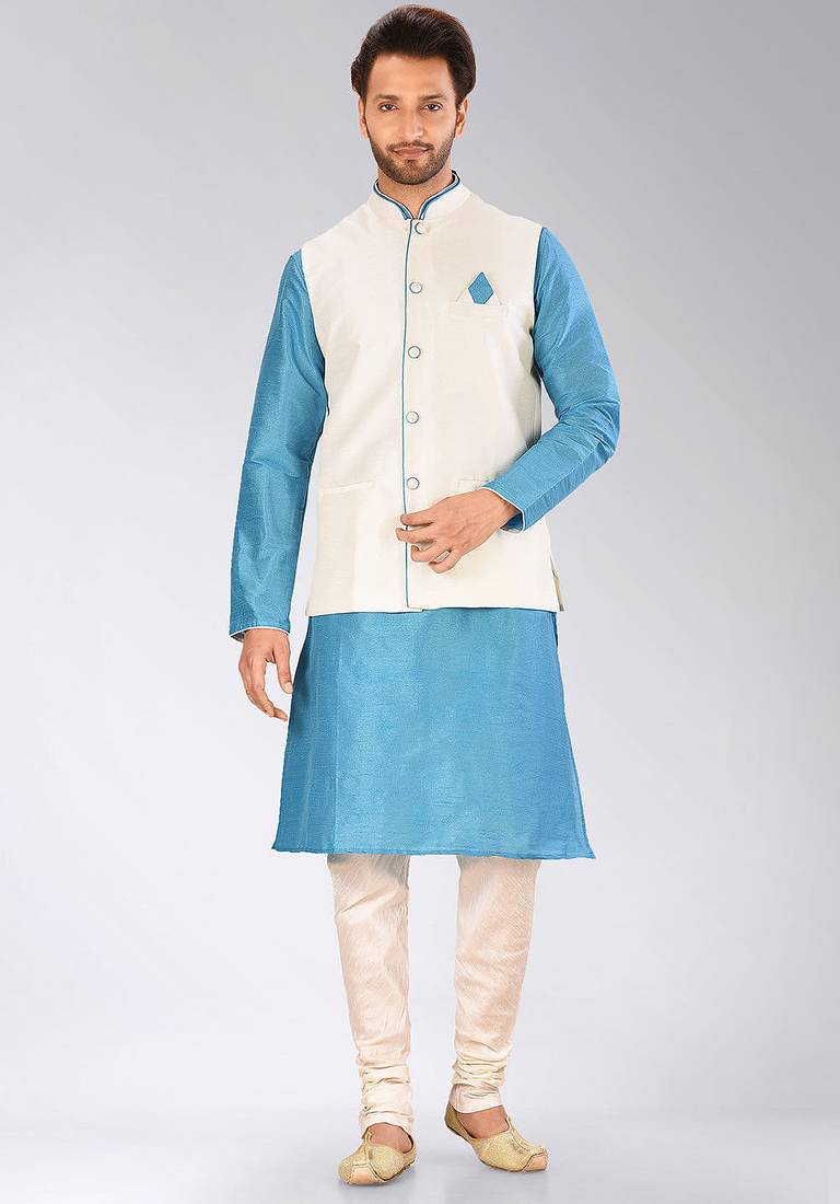 Cream dupon art silk kurta, jacket with matching churidar