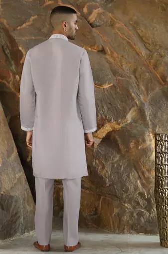Cotton silk embroidered yoke design mauve kurta with trouser pant