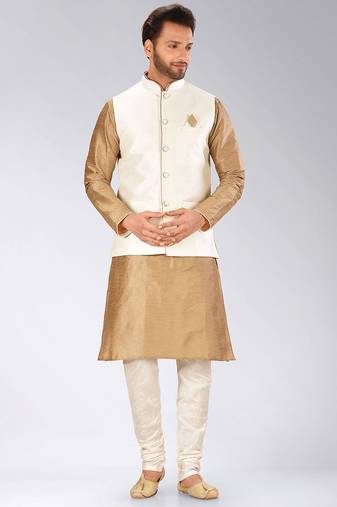 Cream dupon art silk kurta, jacket with matching churidar