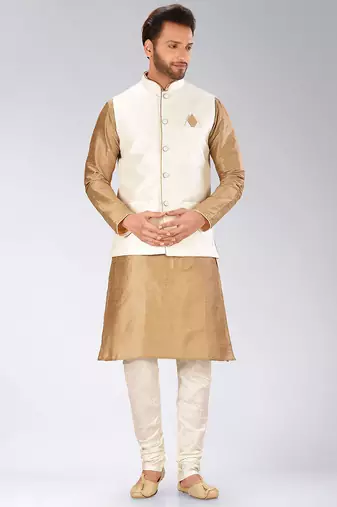 Cream dupon art silk kurta, jacket with matching churidar