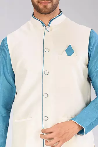 Cream dupon art silk kurta, jacket with matching churidar