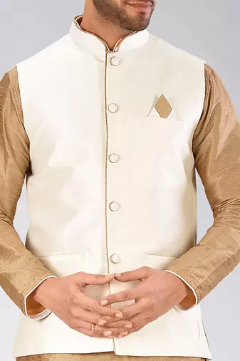 Cream dupon art silk kurta, jacket with matching churidar