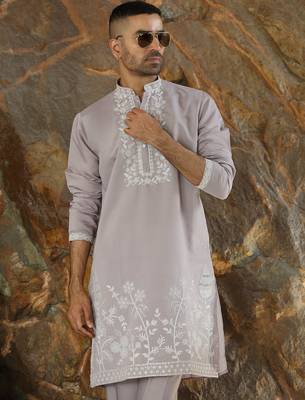 Cotton silk embroidered yoke design mauve kurta with trouser pant 4