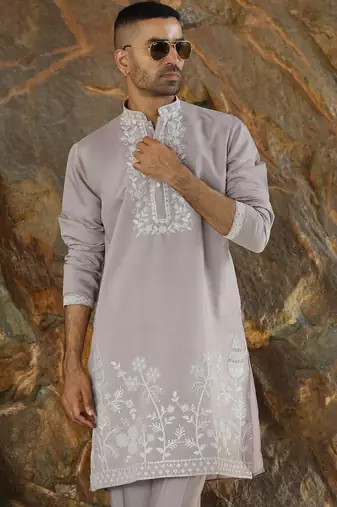 Cotton silk embroidered yoke design mauve kurta with trouser pant