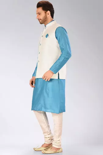 Cream dupon art silk kurta, jacket with matching churidar