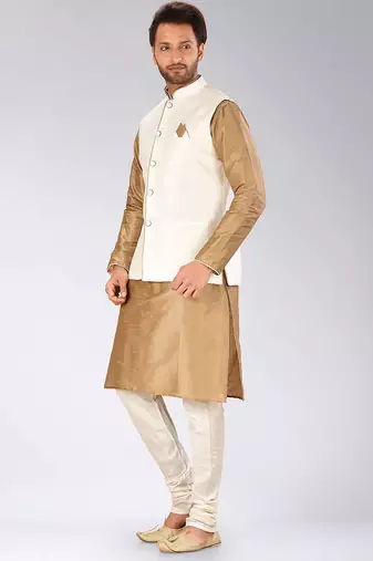 Cream dupon art silk kurta, jacket with matching churidar