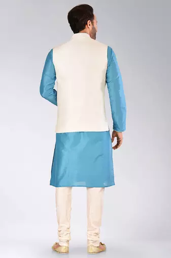 Cream dupon art silk kurta, jacket with matching churidar