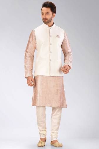 Cream dupon art silk kurta, jacket with matching churidar