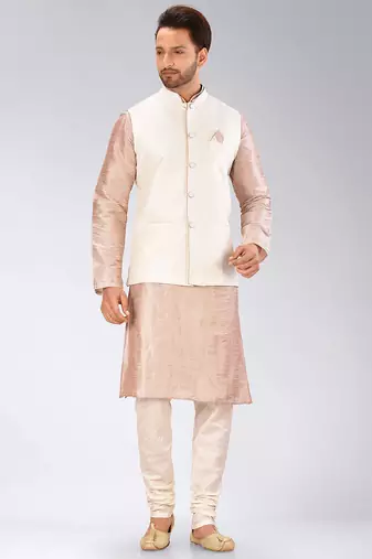 Cream dupon art silk kurta, jacket with matching churidar