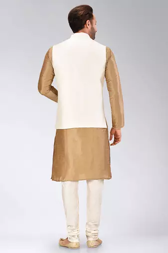 Cream dupon art silk kurta, jacket with matching churidar